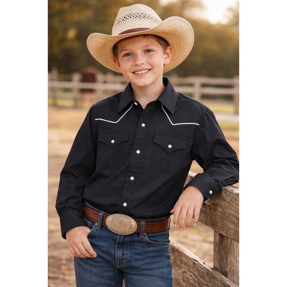 ELY Cattleman Black Western Snap Shirt‎ Boys 10–12 M Cowboy Rodeo
